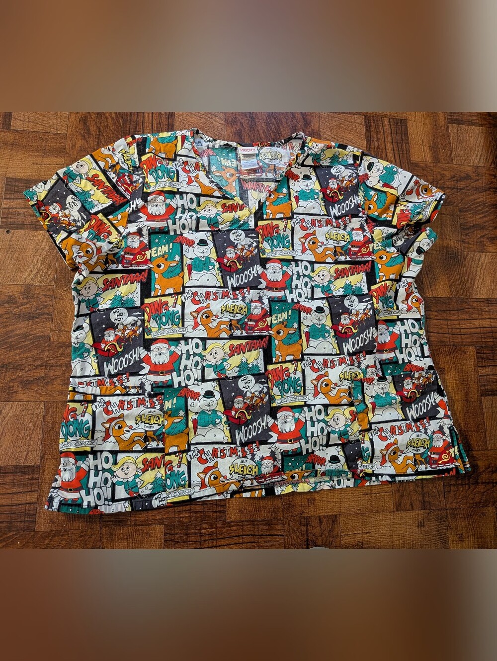 Rudolph The Red Nosed Reindeer Christmas Comic Medical Scrub Top Size 3XL
